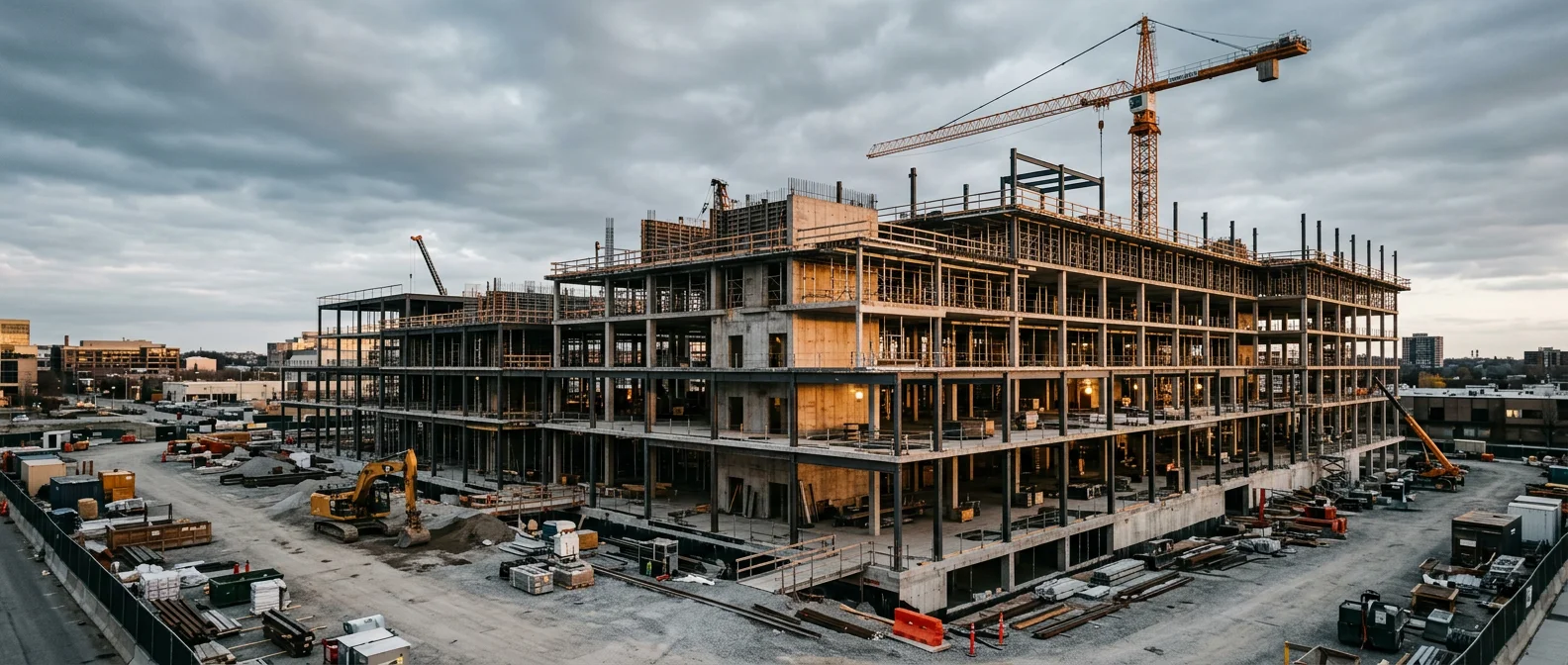 Modern commercial building under construction with a tower crane and heavy equipment